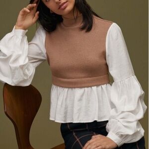 Anthropologie mixed media layered sweater blouse featuring a mock neck knit top